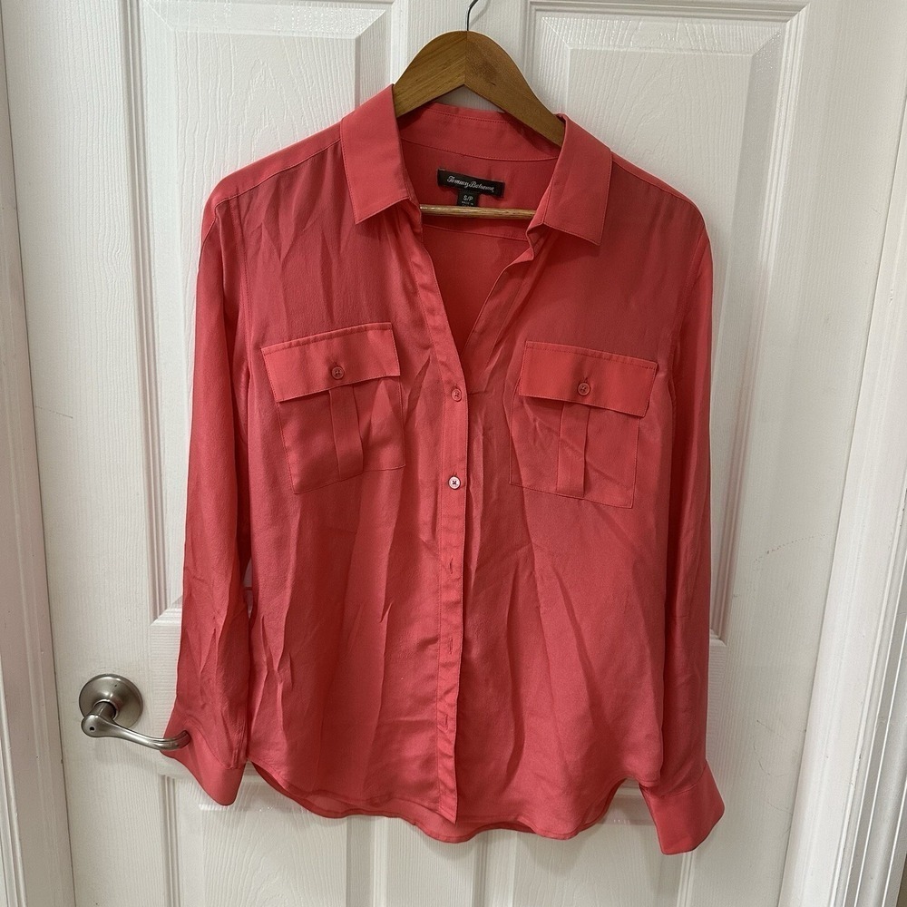 Tommy Bahama 100% Silk Bright Pink Coral Button Up Long Sleeve Shirt Ladies S